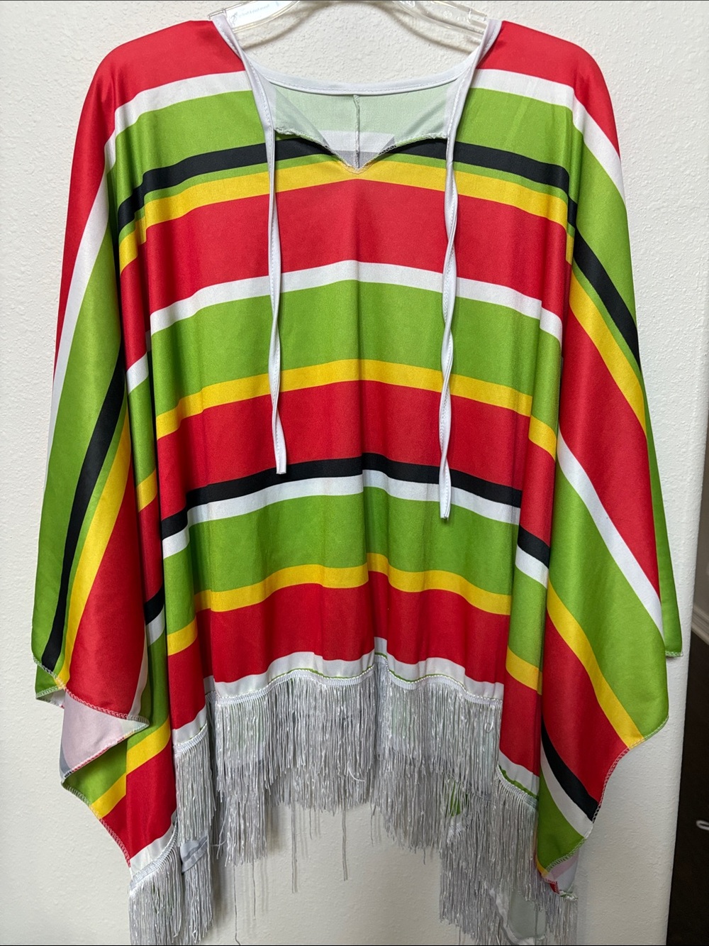 Colorful Striped Mexican Fringe Poncho - Red & Green